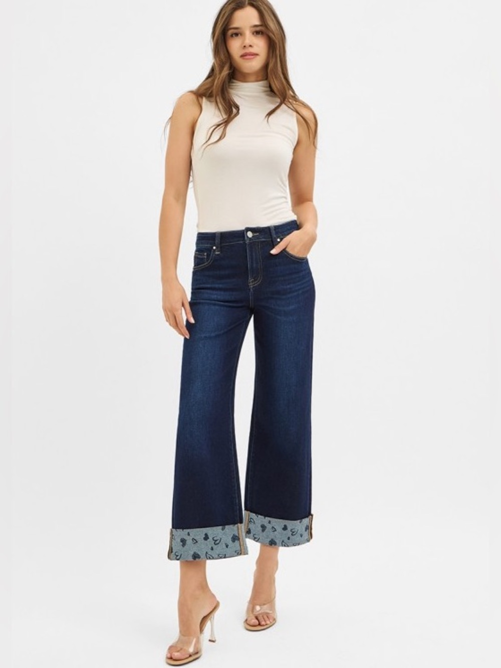 Risen Slouchy Crop Wide Leg Heart Cuffed Jeans – Various Sizes